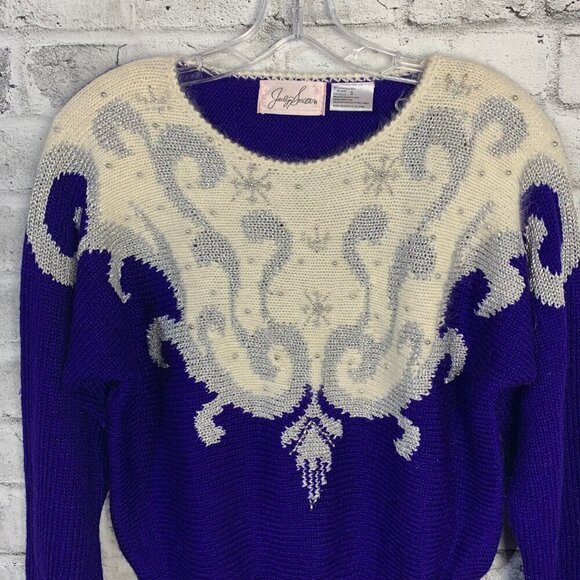 Vintage 80s Jaclyn Smith Blue Silver Metallic Beaded Embellished Sweater - Picture 2 of 14